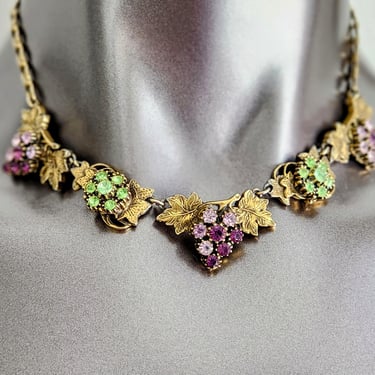 Mid-Century Brass Choker~Grape & Leaf Motif Necklace, Brass Chain~Gifts for Her 