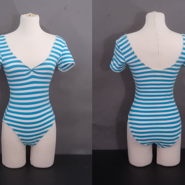 80s Stevi Brook Leotard | Turquoise & White Stripes | Dance Aerobics, Fitness Bodysuit | Size Medium 