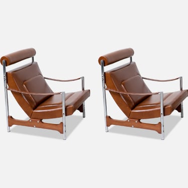 Mid-Century French Modern Sculpted Walnut & Leather Lounge Chairs by Steiner