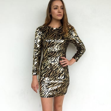 Vintage VTG 80s 1980s Designer Lillie Rubin Sequined Tiger Stripe Pattern Knit Long Sleeve Bodycon Party Dress 