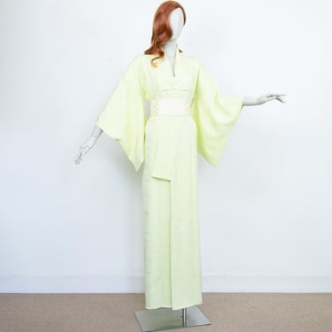 Vintage 70s Green Lime Silk Maxi Kimono Printed Damask  Size M UK 12-14 