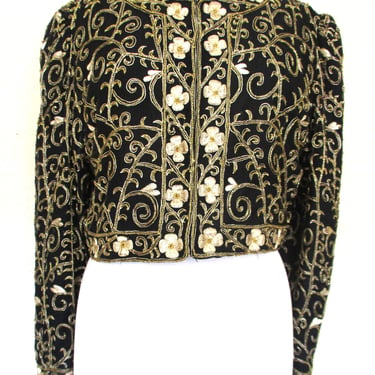 Vintage Laurence Kazar Embroidered Beaded Jacket, Black Silk, L Women, Gold Embroidery, Cropped 