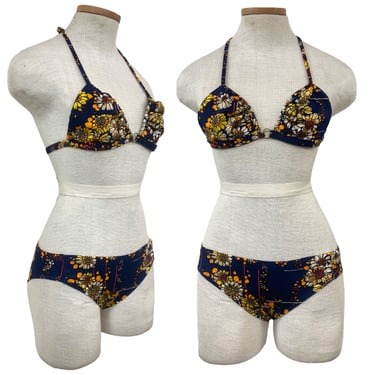Vtg Vintage 1960s 60s Rare Authentic Navy Floral Psychedelic Two Piece Bikini 