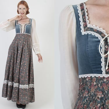 Gunne Sax Calico Corset Dress, Vintage 70s Cottagecore Bohemian Wedding Gown, White Sleeve Child Print Toile Maxi 