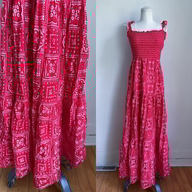 Vintage 1960s Red Bandanna Print Maxi Dress / S 