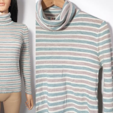 Vintage 70s Wool Blend Stretchy Mint And Khaki Striped Turtleneck Size M 