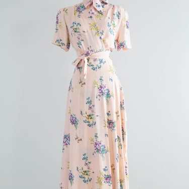 RESERVED for LU Beautiful 1940's Petal Pink Rayon Hostess Gown With Violet Bouquets / Medium