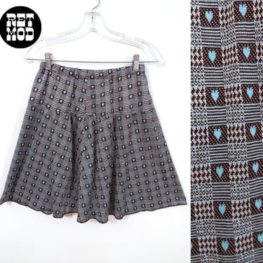 Cute Vintage 70s Blue & Brown Small Heart Mini Skirt 