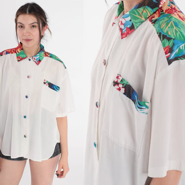 Tropical Floral Blouse 90s White Button Up Shirt Hibiscus Flower Leaf Print Top Summer Short Sleeve Hawaiian Botanical Vintage 1990s Large L 