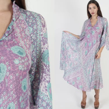 Adini Sultana Metallic India Dress, Vintage 70s Gauze Metallic Caftan, Sheer Angel Sleeve Long Dress - One Size 