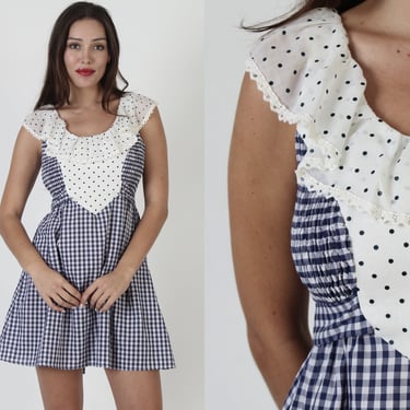Blue & White Gingham Checkered Smocked Dress, Casual Summer Picnic Outfit, Stretchy Elastic Bust, White Lace Trim Ruffle 
