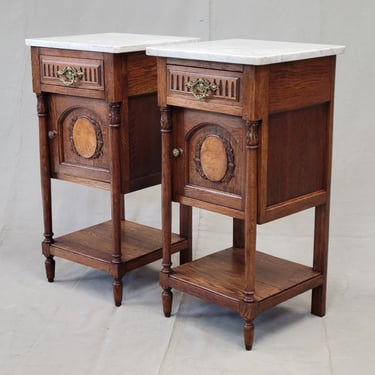 Antique Circa 1900 French Oak Pot Cupboards Nightstands With Carrera Marble Tops- a Pair