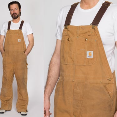 XL Vintage Carhartt Tan Insulated Overalls | 90s Quilt Lined Duck Canvas Workwear Jumpsuit 