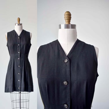 Vintage 1960s Black Wool Gym Uniform / Button Up Mini Dress / 60s School Gym Uniform Small / Black Vintage Gym Dress Small 