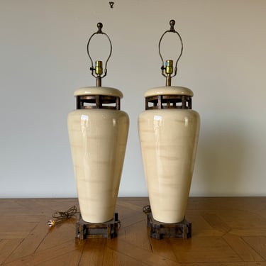 80's  Vintage Beige Ceramic Glazed  Table Lamps - a Pair 