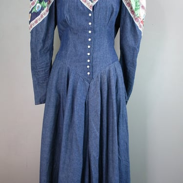 1980s, Puff Sleeve, by MENU, Prairie Style Dress, Cottagecore,  Puff Sleeve,  Cotton Denim, Marked size 11/12 