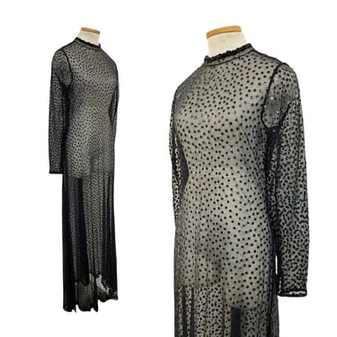 Vtg 70s Disco Era Glam Studio 54 Dancing Queen Sheer Black Sequin Maxi Dress 