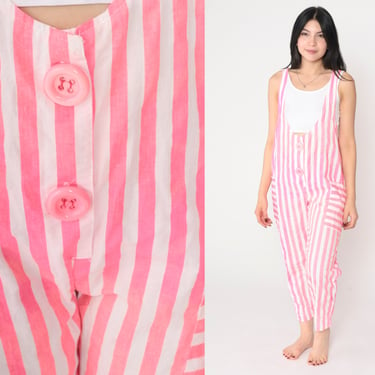 Striped Jumpsuit 90s Pink White Tapered Pantsuit Button up Overall Suspender Pants Retro Overalls Sleeveless Romper Vintage 1990s Small S 