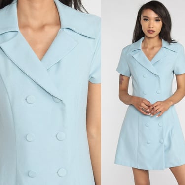 Baby Blue Mini Dress 80s Mod Mini Dress Retro Collared Double Breasted Button Up Twiggy A Line Secretary Pastel Vintage 1980s Stella Medium 