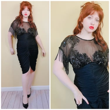 1980s Vintage Tadashi Poly and Chiffon Ruched Wiggle Dress / 80s Fringe Sheer Heavily Beaded Black Party Gown / Medium 