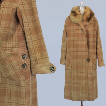 1920s Coat / Antique 20s Deco Plaid Wool Coat with Fur Collar 