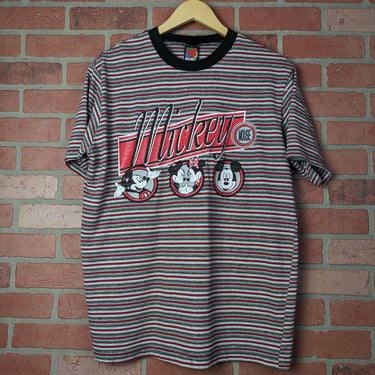 Vintage 90s Dinsey Mickey Mouse ORIGINAL Horizontal Stripes Cartoon Tee - Large 