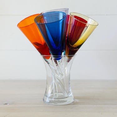 1960’s Colorful Bouquet of Hand Crafted Blown Glass Toasting Flutes Champagne, Apertif, Liqueur, Shot Glasses in 6 Jewel Tones with Holder 