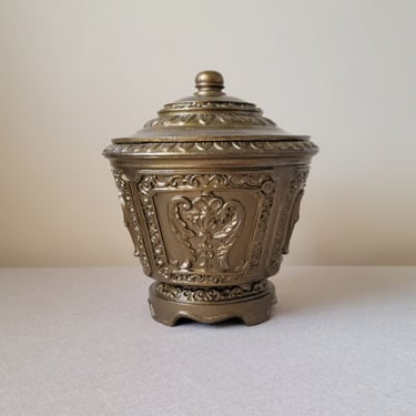 Ornate lidded canister/planter Hand painted pot with lid Fancy waste can Hollywood Regency vintage home decor 