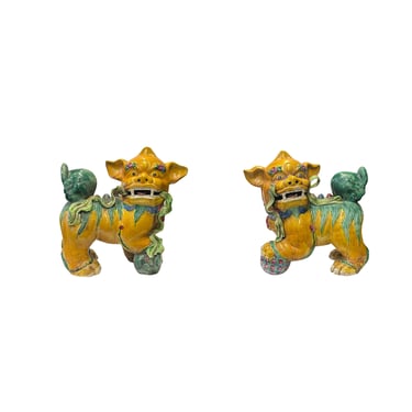 Pair Vintage Chinese Yellow Green Ceramic Fengshui Foo Dog Lion Figures ws3786E 