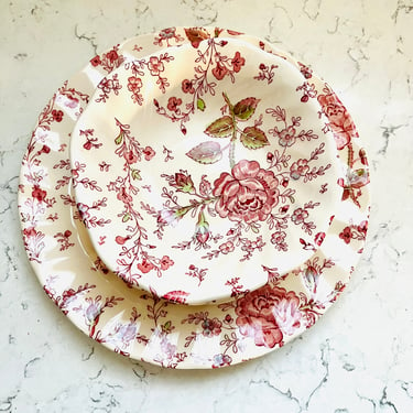 4 Piece Vintage Johnson Bros Rose Chintz 3 Cereal / Soup Bowl Ivory White Pink Roses and One Dinner Plate by LeChalet