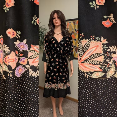 Vintage 1970s Black & Pink Floral Wrap Style A-line Batwing Sleeve Midi Dress with Belt / 70s Polyester Fit and Flare Spring 