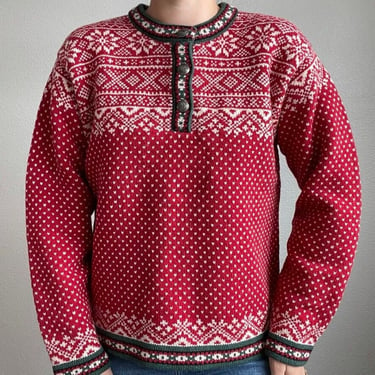 LL Bean Womens Red Green Wool Fair Isle Scandinavian Christmas Sweater Sz M 