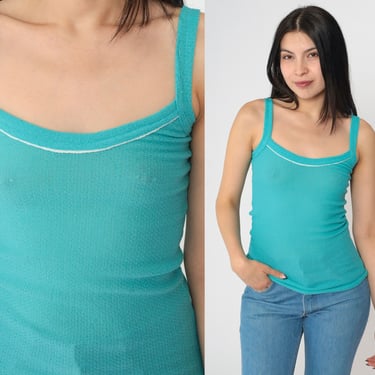 70s Turquoise Knit Tank Top Square Neck Sleeveless Semi-Sheer Textured Camisole Fitted Cami 1970s Vintage Spaghetti Strap Blue Small xs 