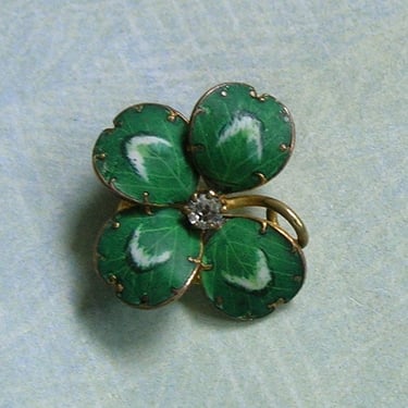 Antique Enamel Four Leaf Clover Brooch Pin, Old Victorian Pin, Old Shamrock Pin, Old Four Leaf Clover Pin (#4366) 