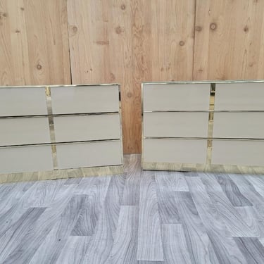 Vintage Pair of Italian Modern, Cream Glass with Brass 3-Drawer Dressers by Ello