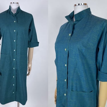 Vintage 60s-70s Petite Blue, Green Straight & Narrow Button Up Country Smock Dress by Country Miss ILGWU USA XS | Uniform, Work, 