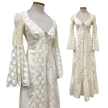 Vtg 70s Ivory Lace Bell Sleeve Victorian Revival Cottagecore Boho Bridal Gown 