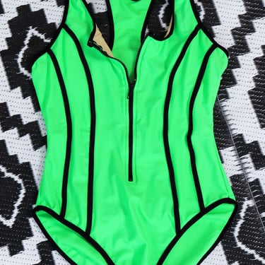 Neon Green 90s Zip Swimsuit M-M/L