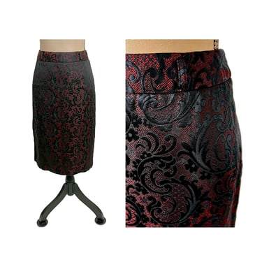 L 90s Y2K Burgundy & Black Lace Brocade Skirt Large, A Line Midi Cocktail Skirt Size 14, Women's Vintage Clothing from WORTHINGTON 