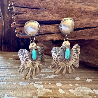 Y. YAZZIE Running Bear Sterling Silver & Turquoise Thunderbird Stud Earrings | Navajo Native American Southwestern Bird Jewelry 