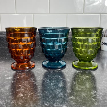 Vintage Mismatched Whitehall Cubist 10oz Pedestal Goblets | Retro Olive Green Amber and Riviera Blue | Mix-Match MCM Drinking Rocks Glass 