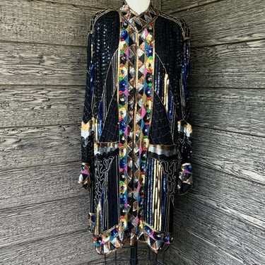sequin beaded diva jacket 1970s evening long tunic top 4X 