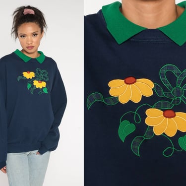 Collared Floral Sweatshirt 90s Black Eyed Susan Sweatshirt Nerd Shirt 1990s Vintage Grandma Navy Blue Slouchy Jerzees Graphic Extra Large xl 