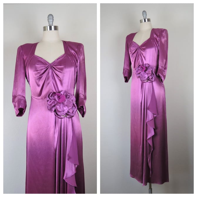 Vintage 1940s formal gown, dress, cocktail, party, silk charmeuse, size medium 