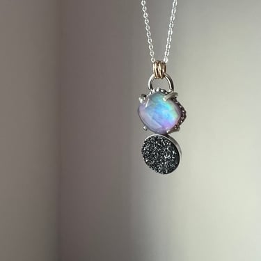 Aurora Opal and black druzy pendant 