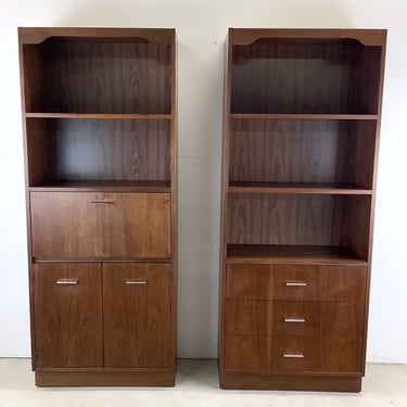 Pair Tall Vintage Shelves With Drop Front & Drawers 
