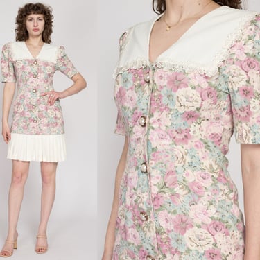 Medium 80s Floral Sailor Collar Puff Sleeve Mini Dress | Vintage Button Front Pleated Secretary Dress 