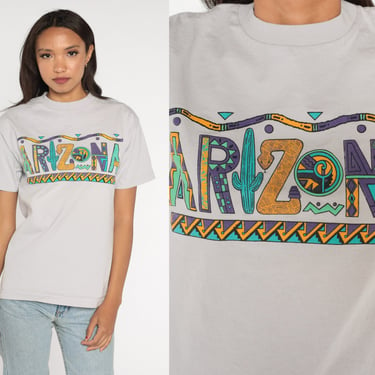 Arizona T Shirt Y2K Grey Cactus Tshirt Southwest Graphic Tee Desert Print Retro Tourist Tee Southwestern T-Shirt 00s Small Medium 