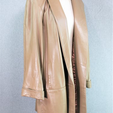 1980's - Taupe/Butterscotch - Leather Coat - Padded Shoulder - by RED KID Leather - Marked Large 