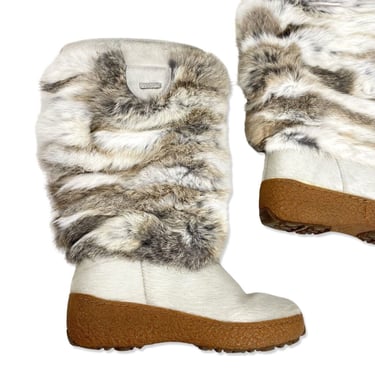 vintage 80s Fur Ski Boots Size 9 OSCAR SPORT White Goat Apres Winter Shoes 39 